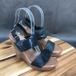 Jessica Simpson Black Leather Adjustable Slingback Platform Wedges Womens Size 6